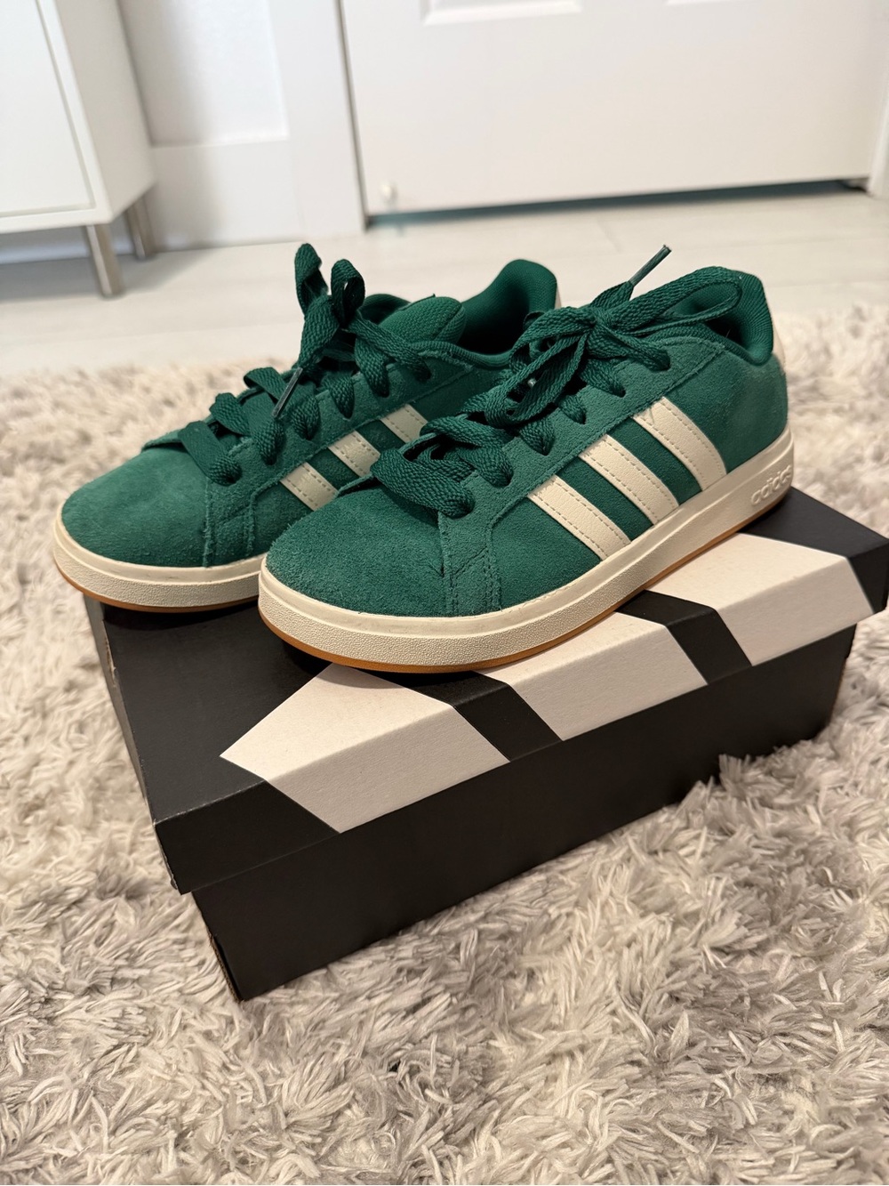 adidas Kids Green Suede Sneakers with Cream Stripes